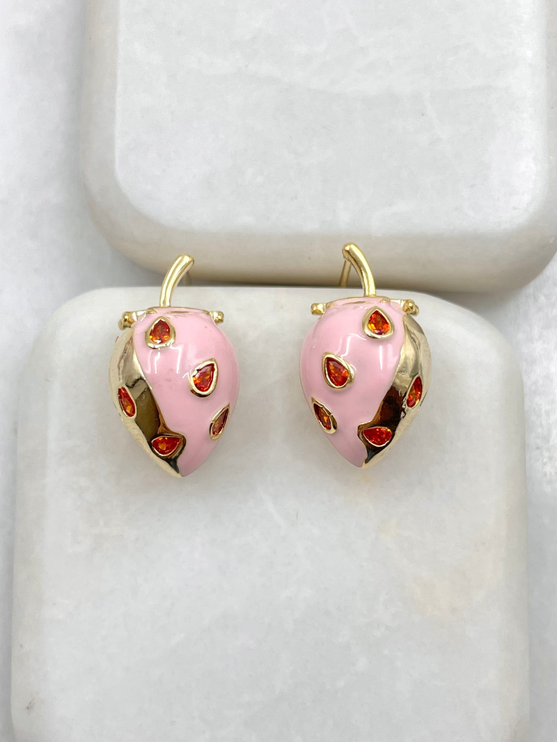 Pembe Mineli Çilek Küpe Gold