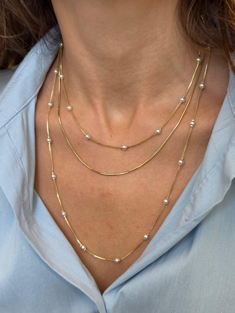 Altın Kaplama İncili Zincir Kolye 95 cm Gold