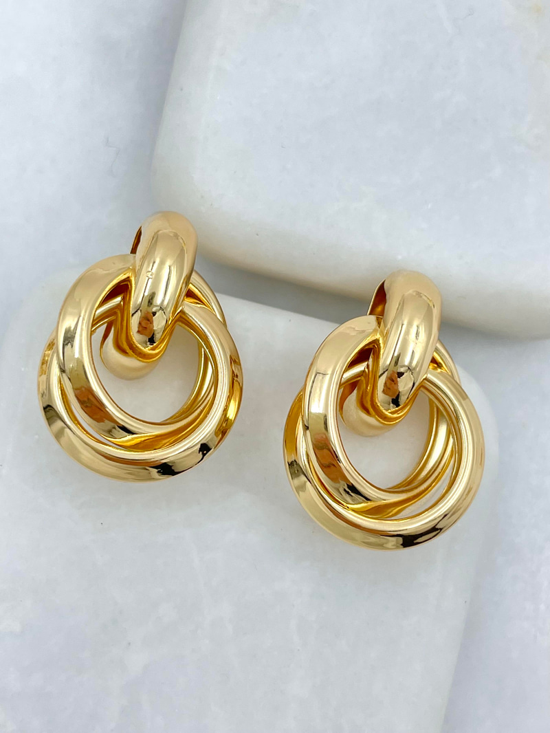 Altın Kaplama İçi Boş Çift Halka Vintage Küpe Gold