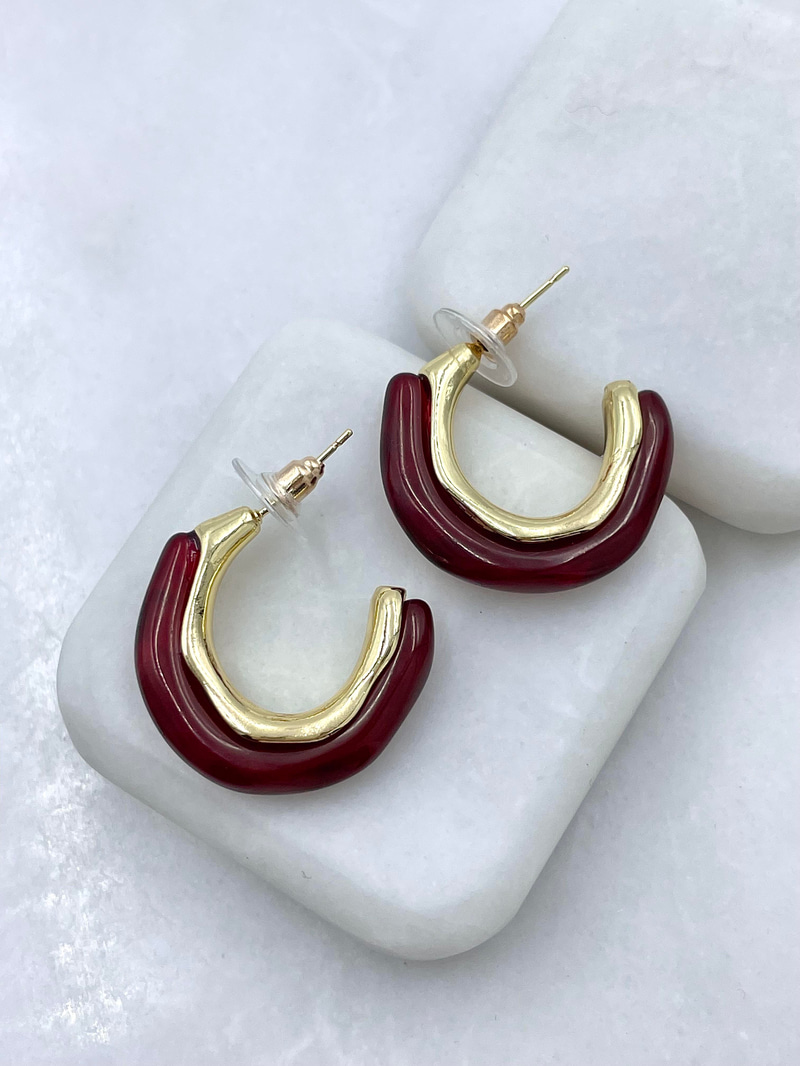 Altın Kaplama Gold Detaylı Halka Vintage Küpe Bordo