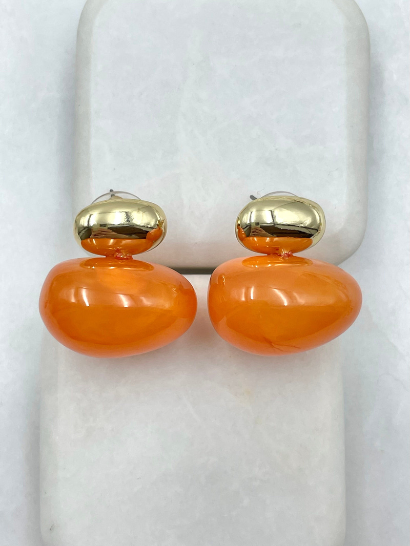 Gold Detaylı Opal Taşlı Vintage Oval Küpe Turuncu