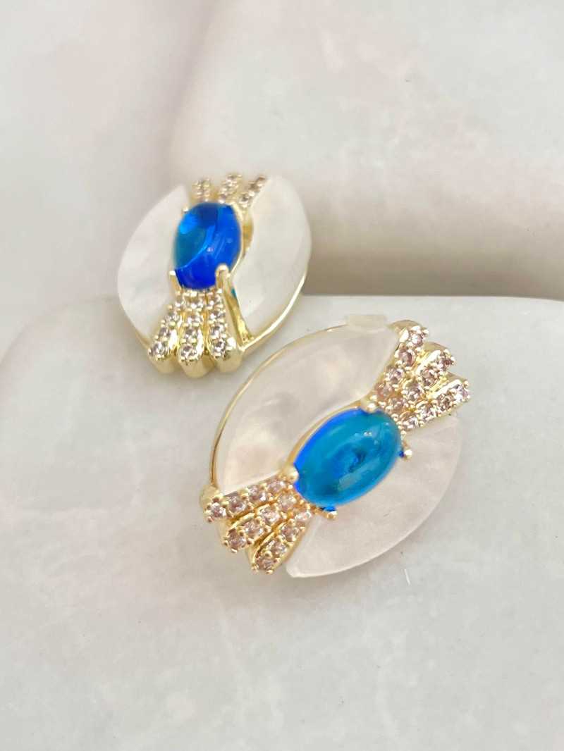 Altın Kaplama Sedefli Mavi Taşlı Oval Küpe Gold