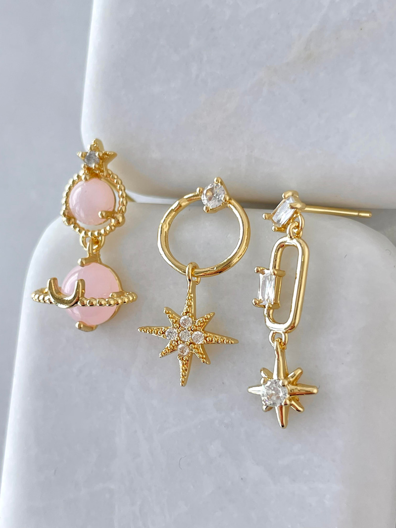 Altın Kaplama Üçlü Opal Taşlı Kuzey Yıldızı Küpe Pembe
