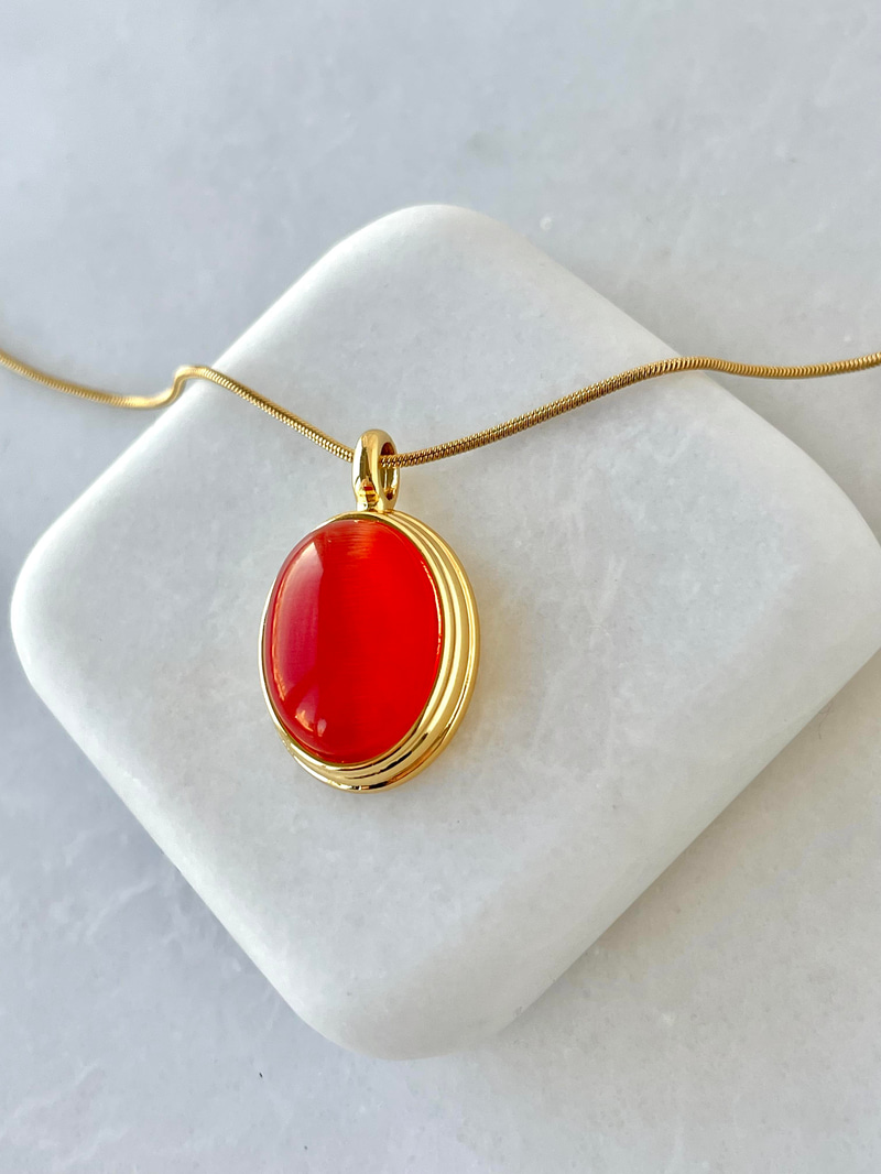 Çelik Oval Opal Taşlı Kolye Kiremit
