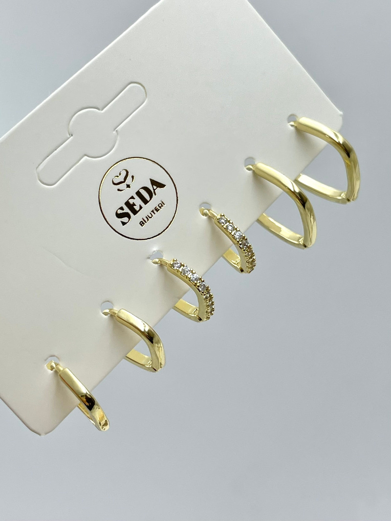 Altın Kaplama Gömme Taşlı ve Kare Model Altılı Set Küpe Gold