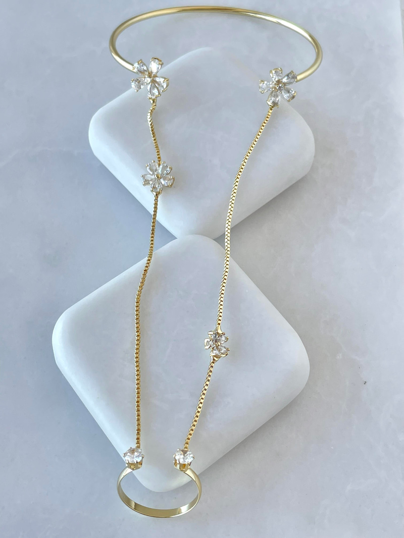Altın Kaplama Minimal  Kristal Çiçek Yüzüklü Şahmeran Gold