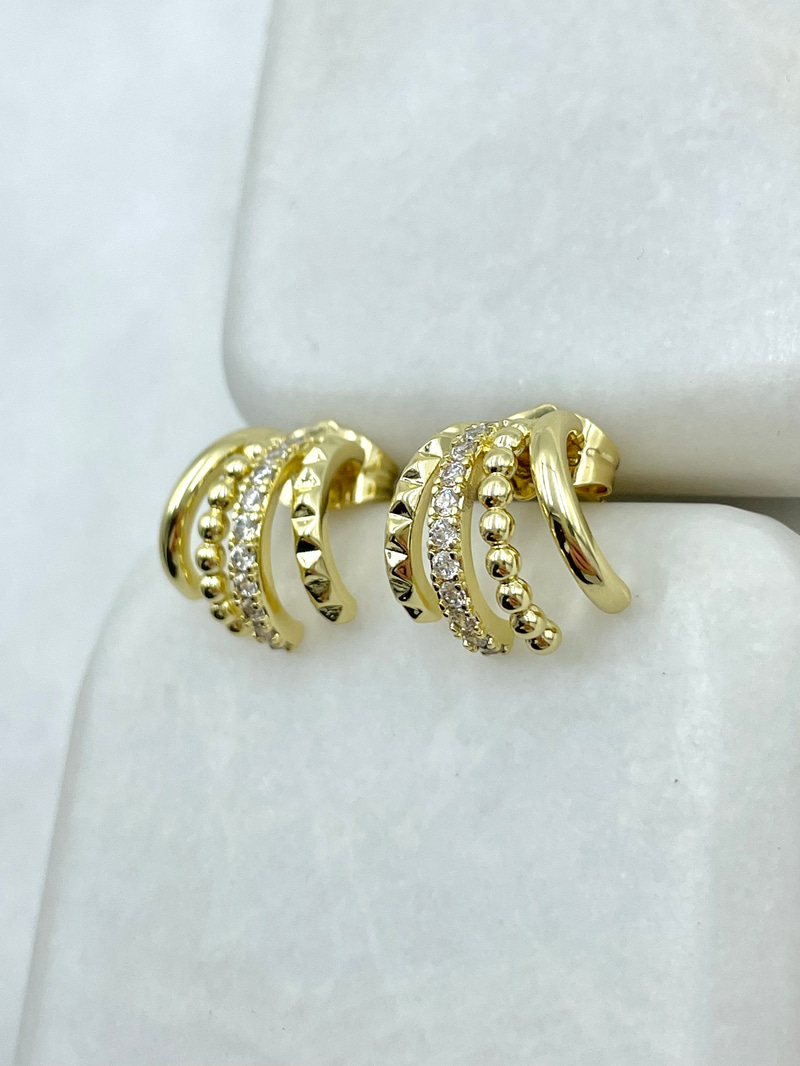 Özel Seri Dörtlü Görünüm Topçuk ve Kristal Taşlı Küpe Gold