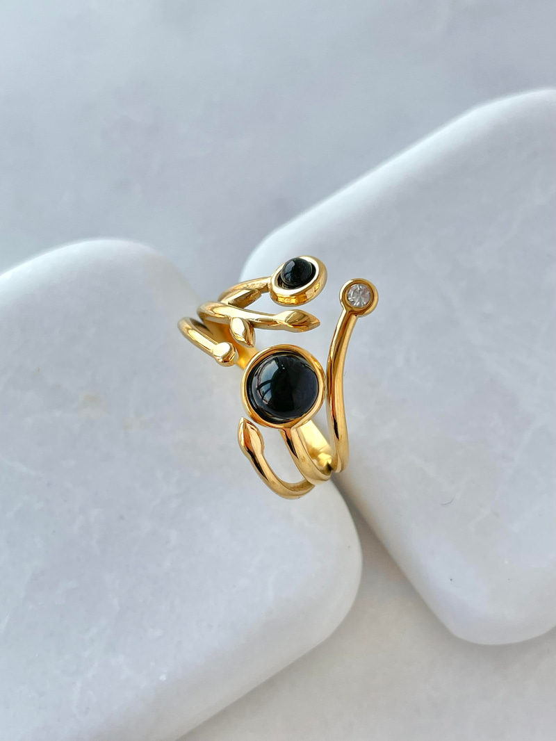 Çelik Opal Taşlı Çoklu Görünüm Yüzük Siyah