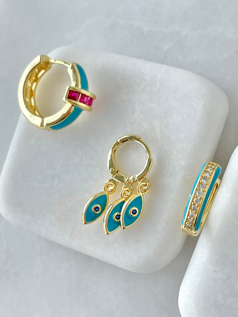 Altın Kaplama Üçlü Mavi Mineli Göz Model Küpe Gold