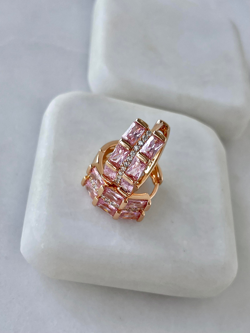 Özel Seri Çift Sıra Pembe Kristal Taşlı Küpe