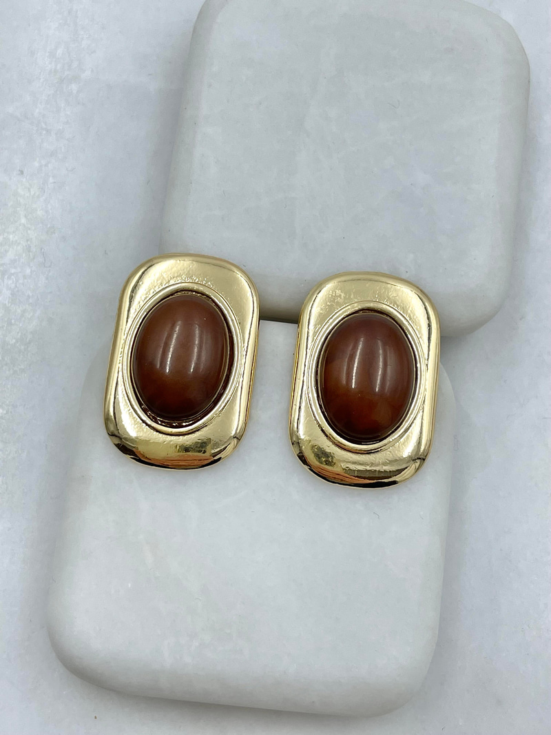 Altın Kaplama Gold Plaka Opal Taşlı Vintage Küpe Kahve