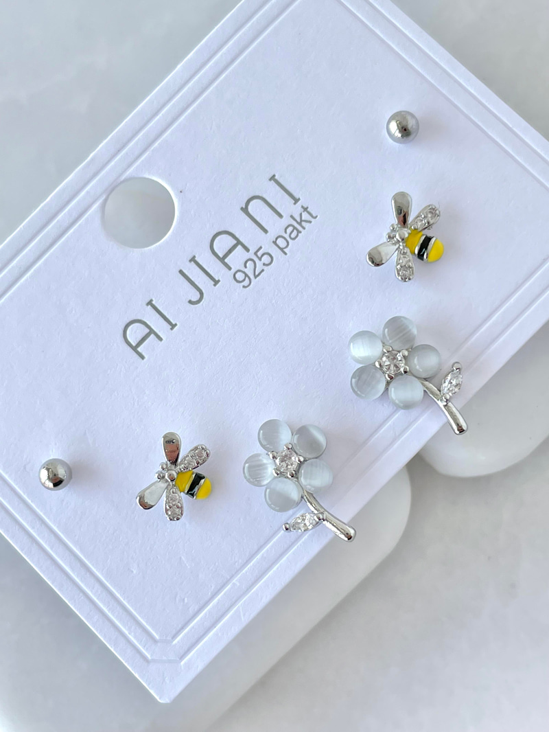 Altın Kaplama Altılı Çiçek ve Arı Model Minimal Küpe Gümüş