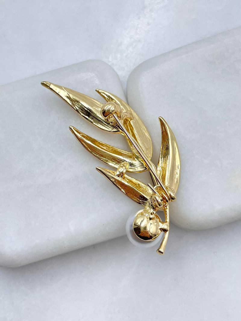Gold Beyaz İncili Yaprak Broş Gold