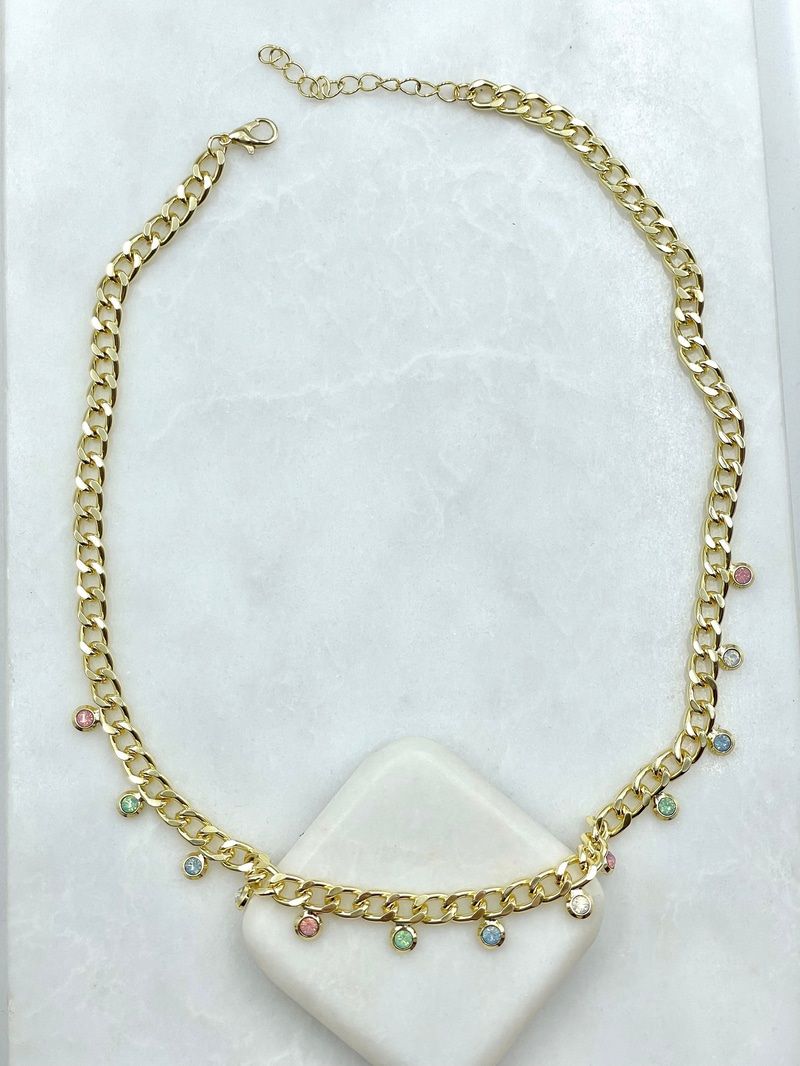 Pastel Kristal Taşlı Zincir Kolye Gold