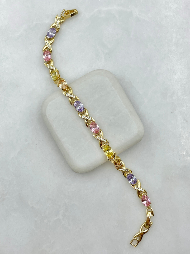 Özel Seri Renkli Kristal Taşlı X Model Bileklik Gold