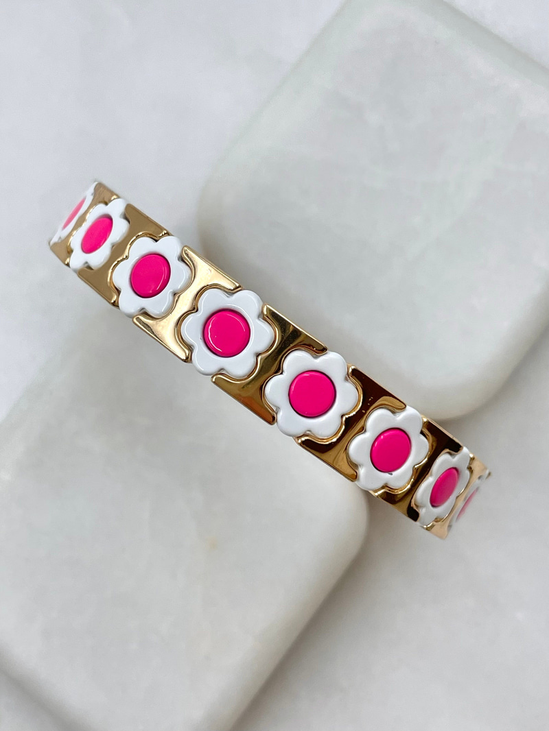 Altın Kaplama Gold Detaylı Çiçek Model Porselen Esnek Bileklik Pembe