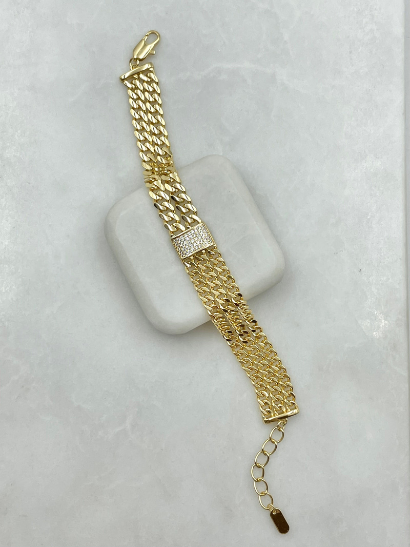 Zirkon Taşlı Tasarım Ezme Zincir Bileklik Gold