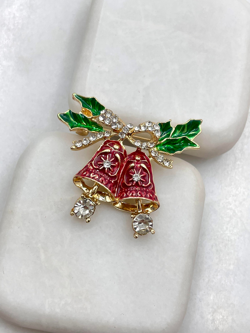 Kristal Taşlı Zil Broş Gold