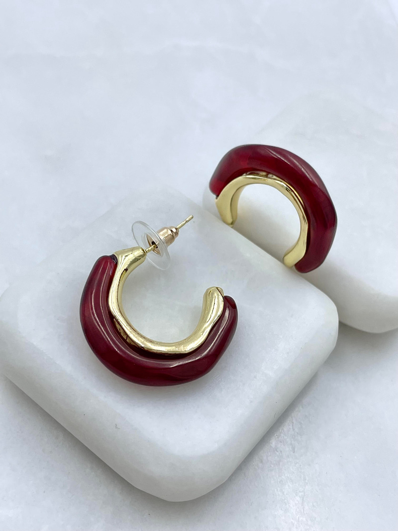 Altın Kaplama Gold Detaylı Halka Vintage Küpe Bordo
