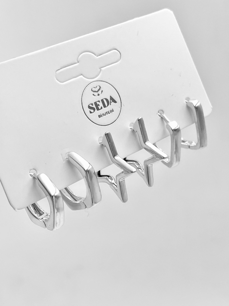 Yıldız Model Altılı Küpe Seti Gümüş