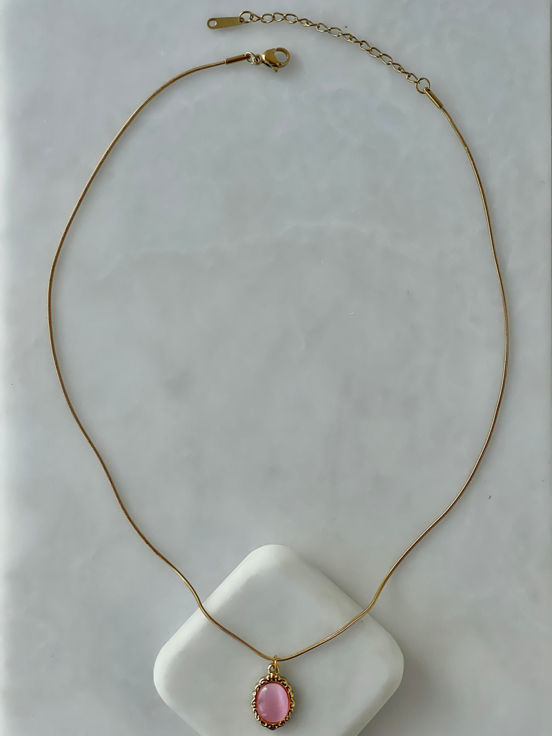 Çelik Opal Taşlı Etnik Desen Kolye Pembe-Gold