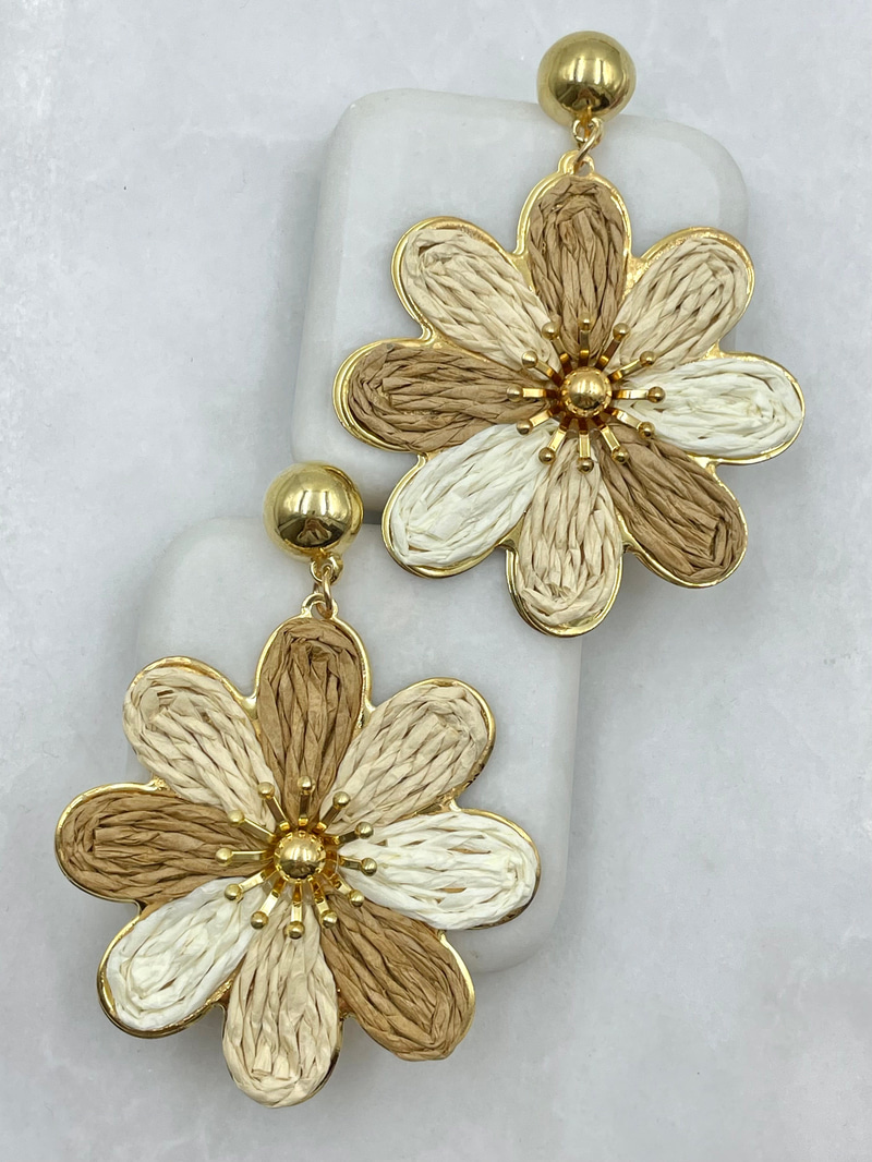 Gold Detaylı Hasır Papatya Küpe Kahve