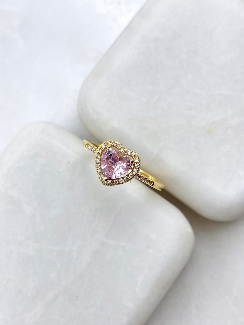 Altın Kaplama Gömme Taşlı Pembe Kristal Kalp Yüzük Gold