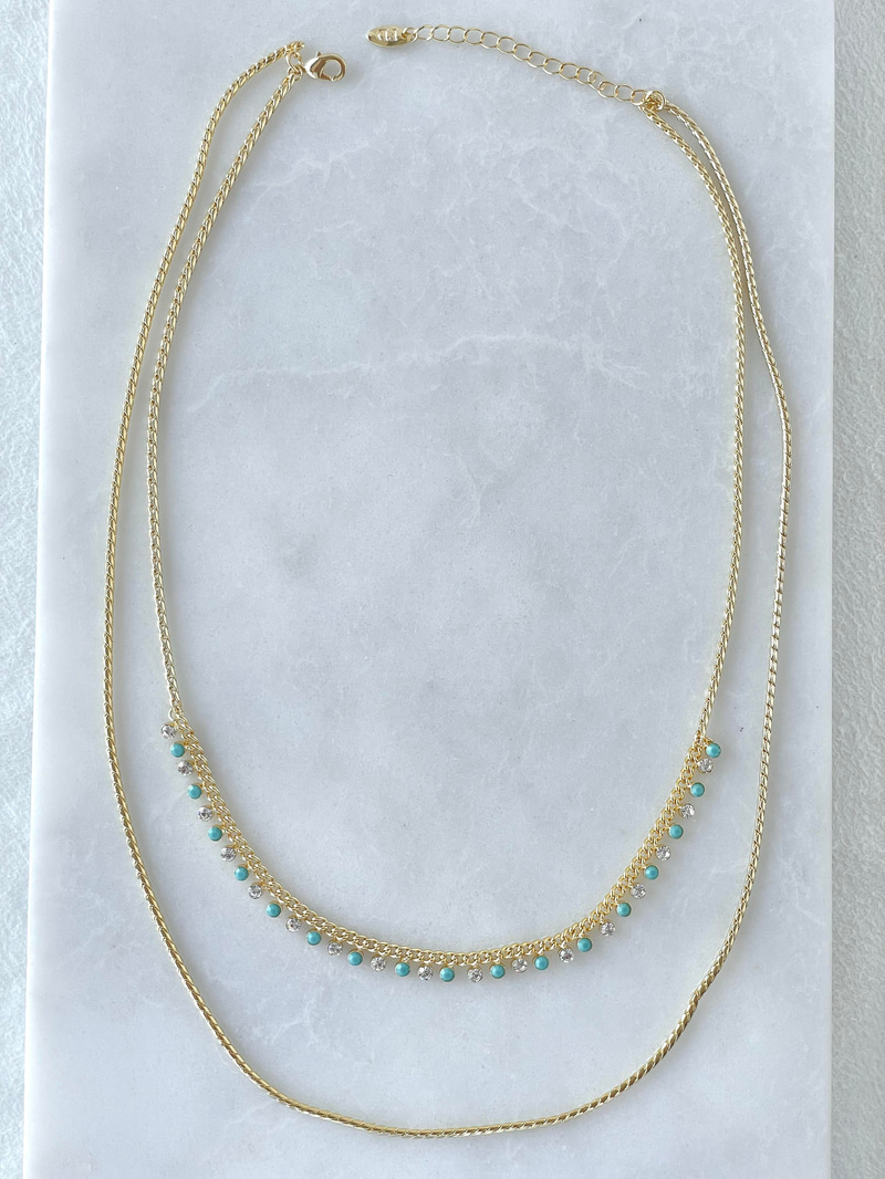 Altın Kaplama Mavi ve Kristal Taşlı İkili Kolye Gold