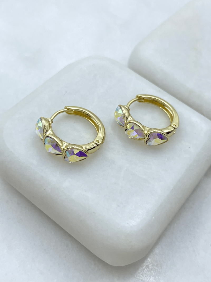 Özel Seri Swarovski Taşlı Sıralı Kalp Model Halka Küpe Gold