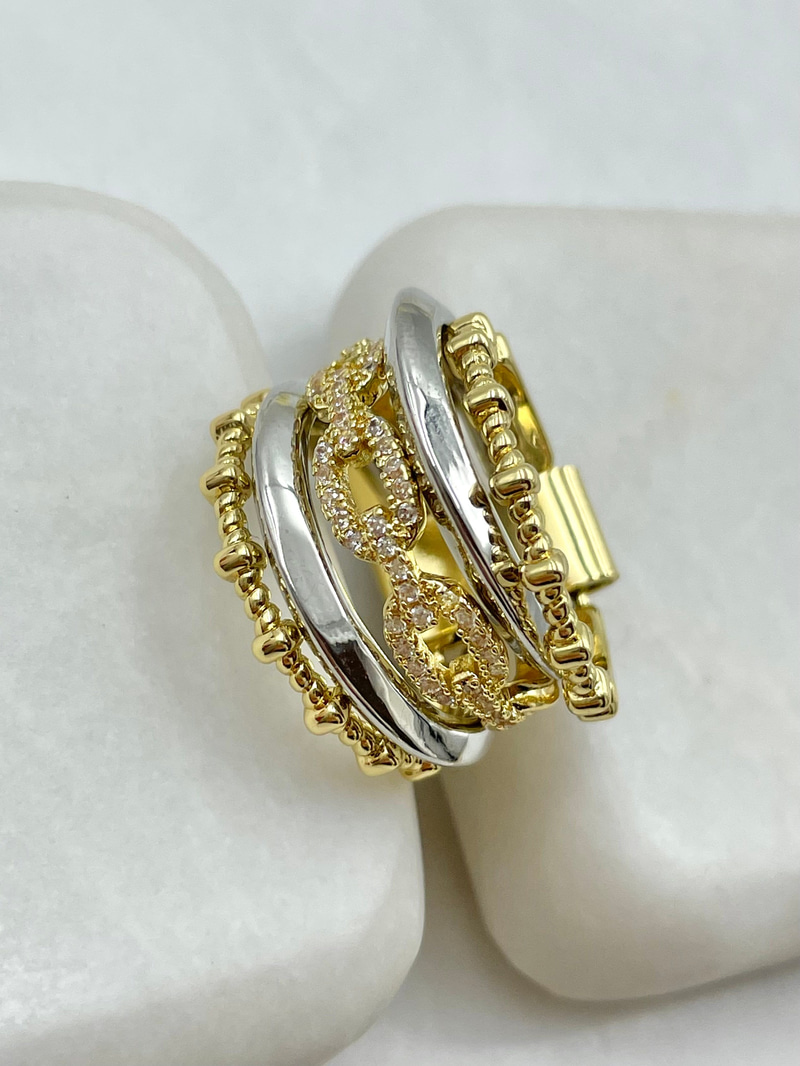 Beşli Gömme Taşlı Çift Renk Tasarım Yüzük Gold