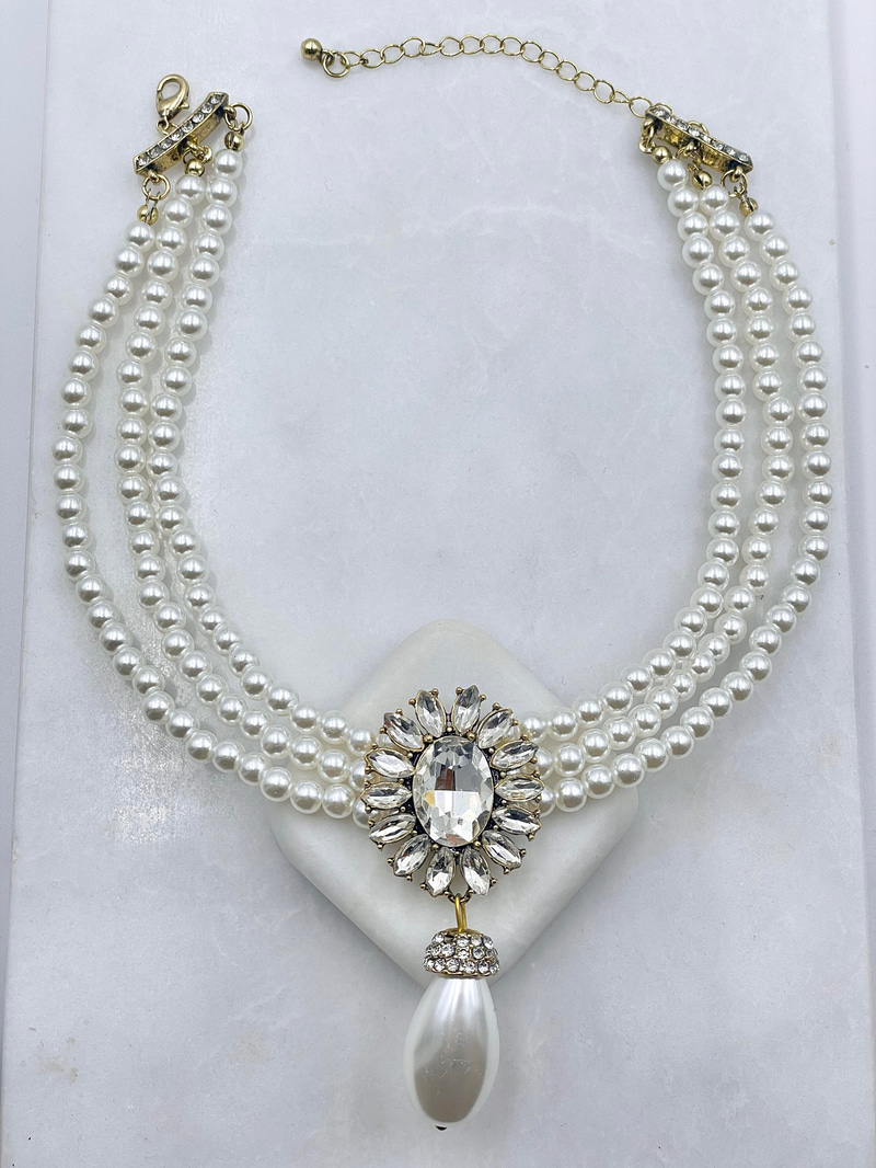 Kristal Taşlı İnci Sallantılı Kolye Gümüş