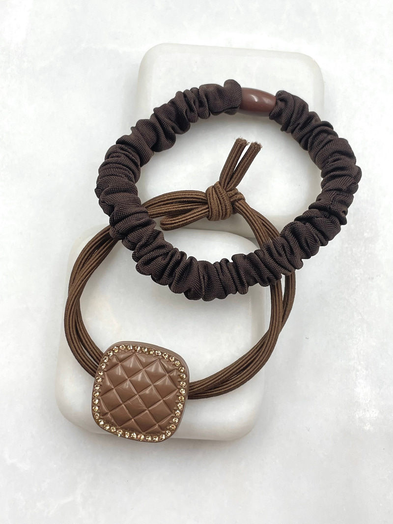 Gömme Taşlı Kare Model İkili Scrunchie Toka Kahve