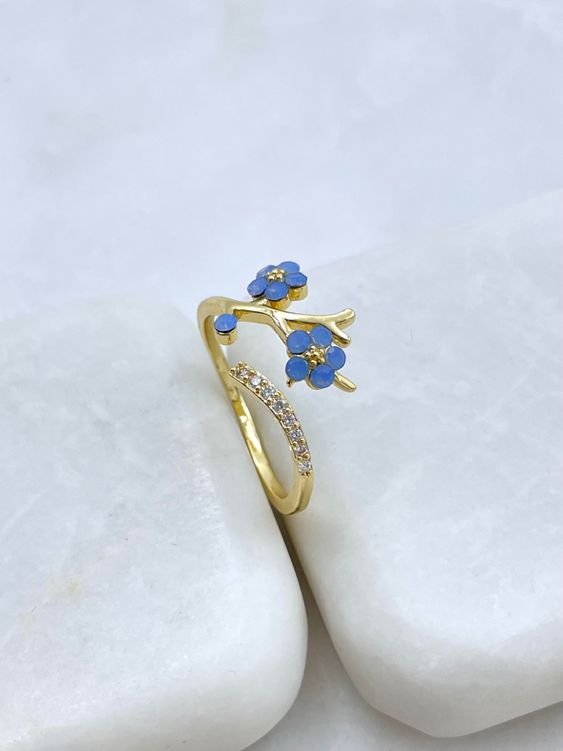 Altın Kaplama Mavi Taşlı Çiçek Yüzük Gold