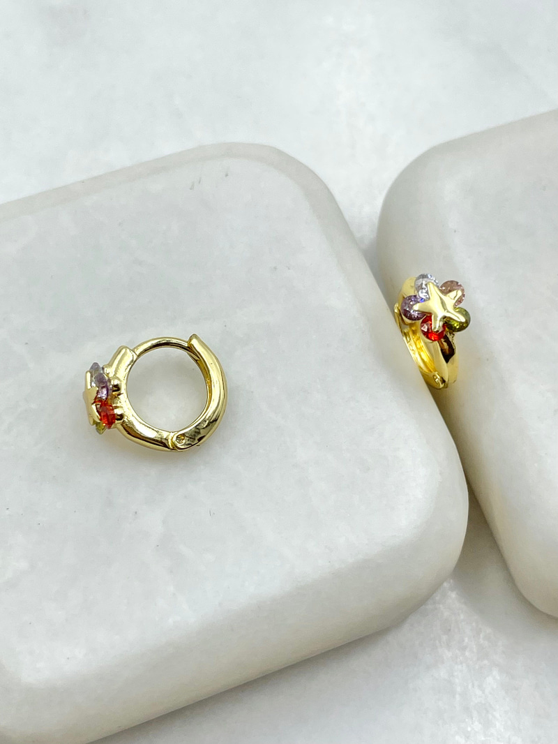 Özel Seri Renkli Kristal Taşlı Yıldız Halka Küpe Gold