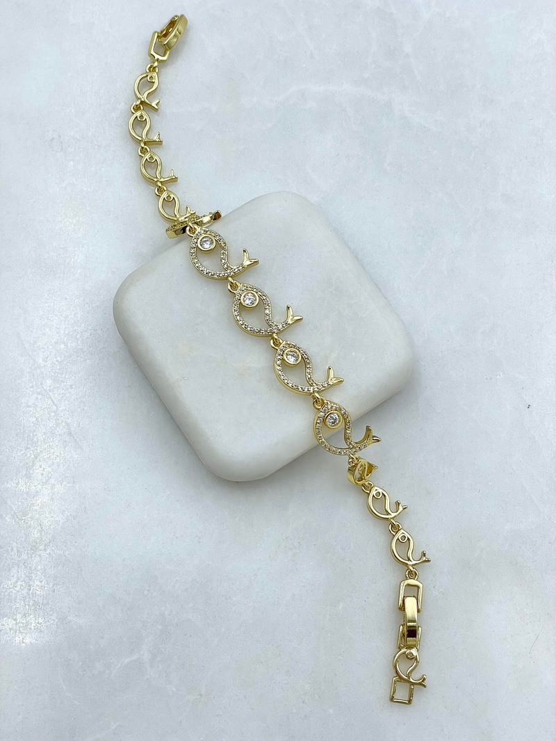 Altın Kaplama Kristal ve Gömme Taşlı Balık Model Bileklik Gold