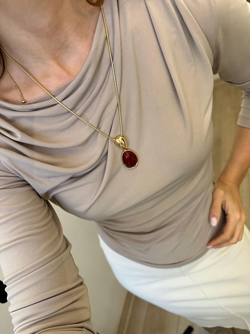 Altın Kaplama Gold Detaylı Oval Taş Model Asansör Kolye Bordo