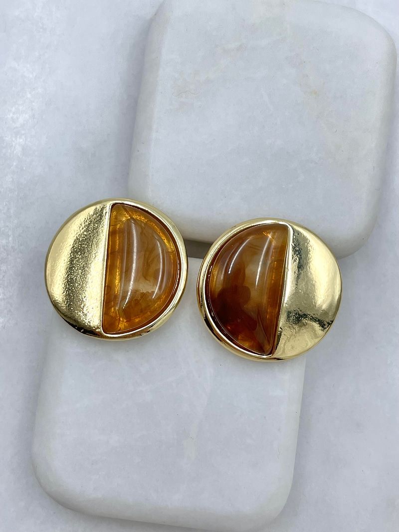Altın Kaplama Gold Detaylı Daire Plaka Vintage Küpe Kehribar