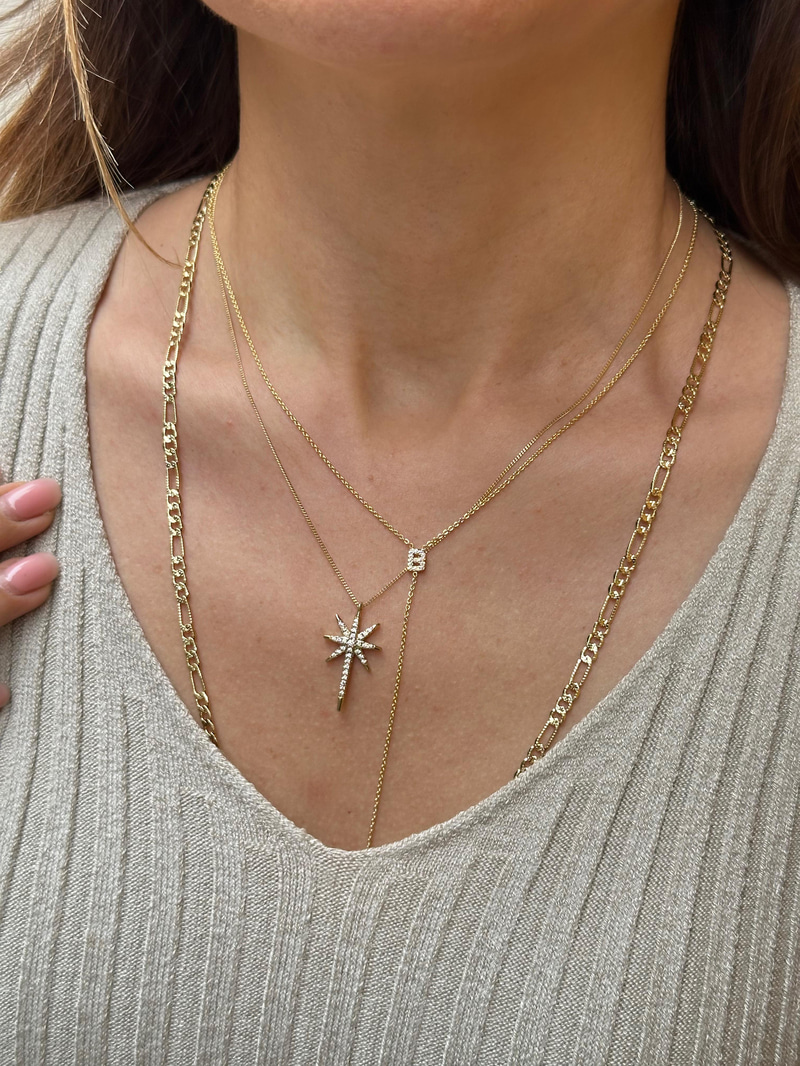 Özel Seri Gömme Taşlı Kuzey Yıldızı Minimal Zincir Kolye 45 cm Gold