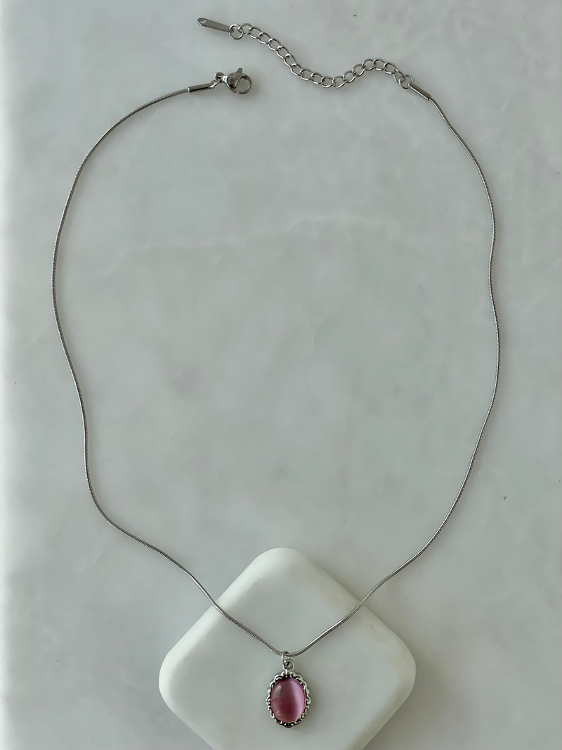 Çelik Opal Taşlı Etnik Desen Kolye Pembe-Gümüş