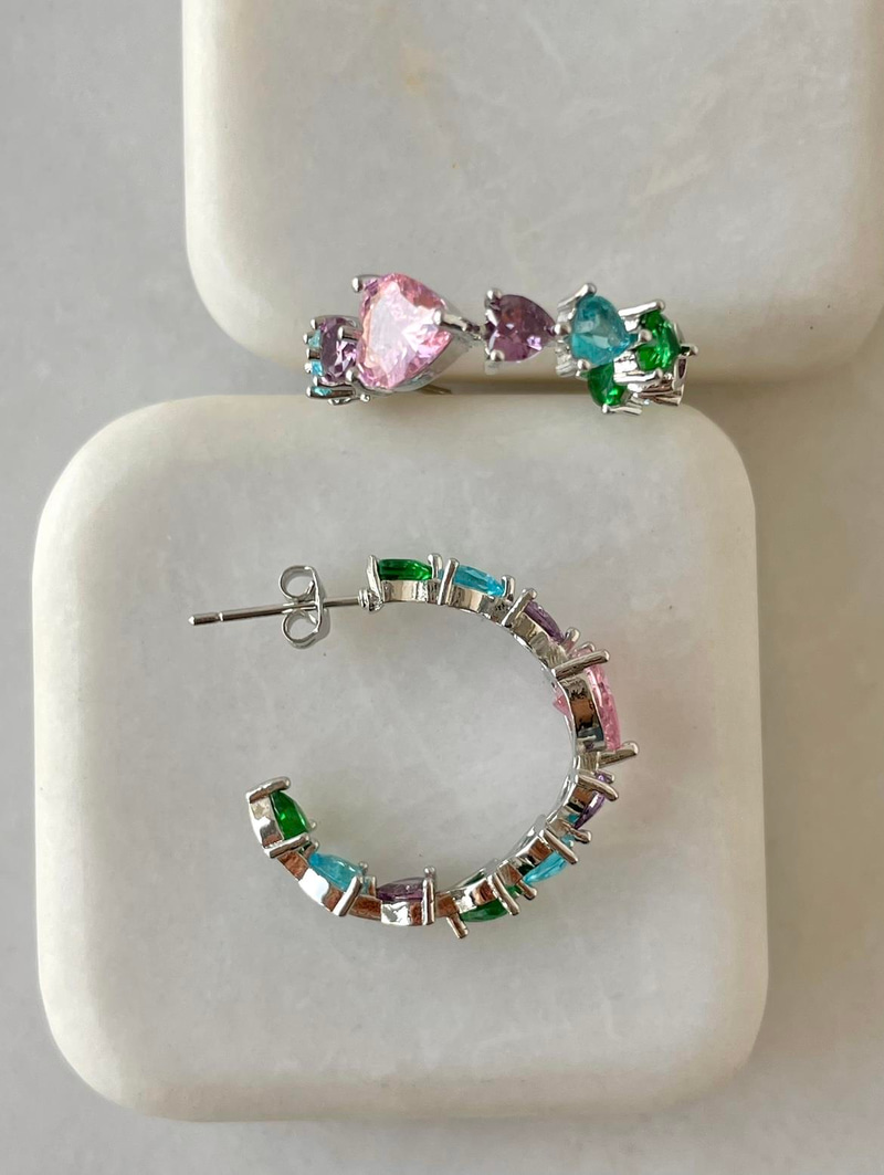 Altın Kaplama Renkli Taşlı Kalp Küpe Gümüş Renk