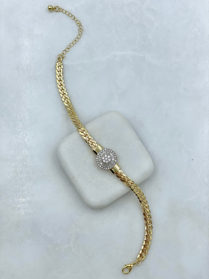 Çelik Kristal Taşlı Daire Model Zincir Bileklik Gold