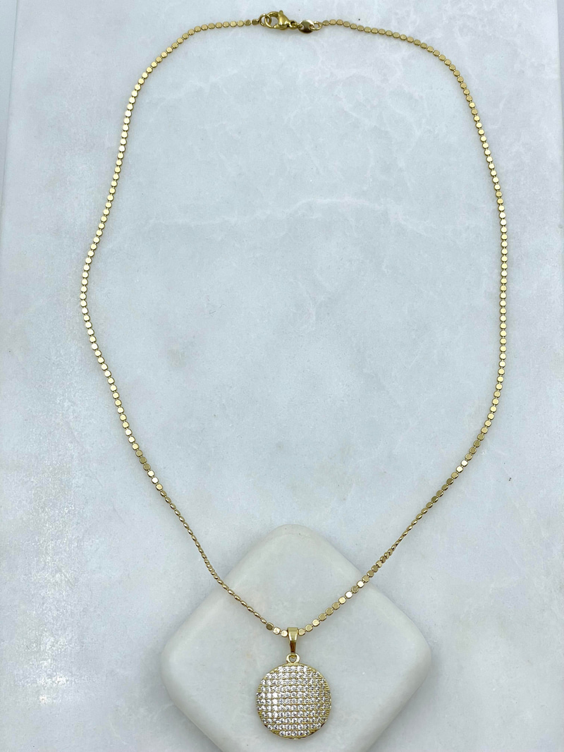 Özel Seri Kristal Taşlı Daire Plaka Kolye 45 cm Gold