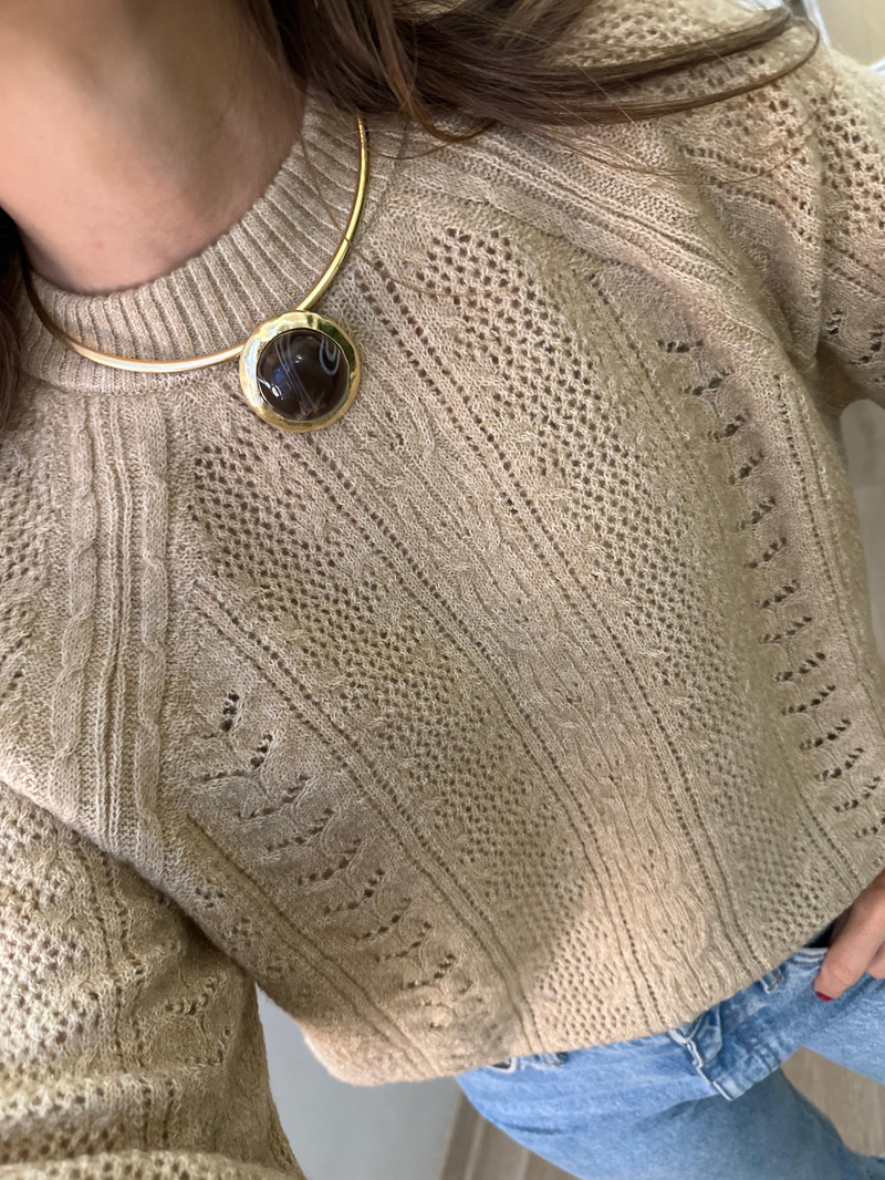 Altın Kaplama Doğal Taşlı Vintage Choker Kolye Kahve