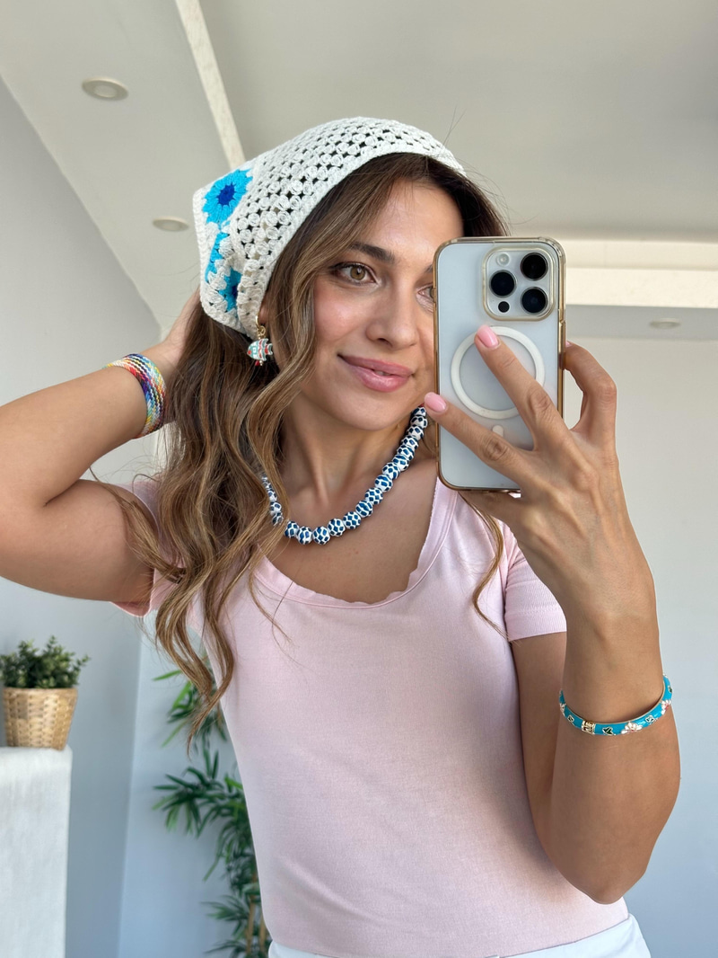 Çiçek Kenarlı Örgü Bandana Mavi