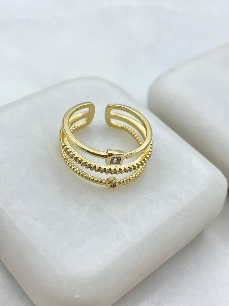 Altın Kaplama Gömme Taşlı Üçlü Görünüm Yüzük Gold