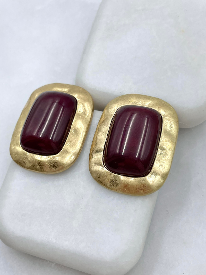 Altın Kaplama Gold Plaka Dikdörtgen Vintage Küpe Bordo
