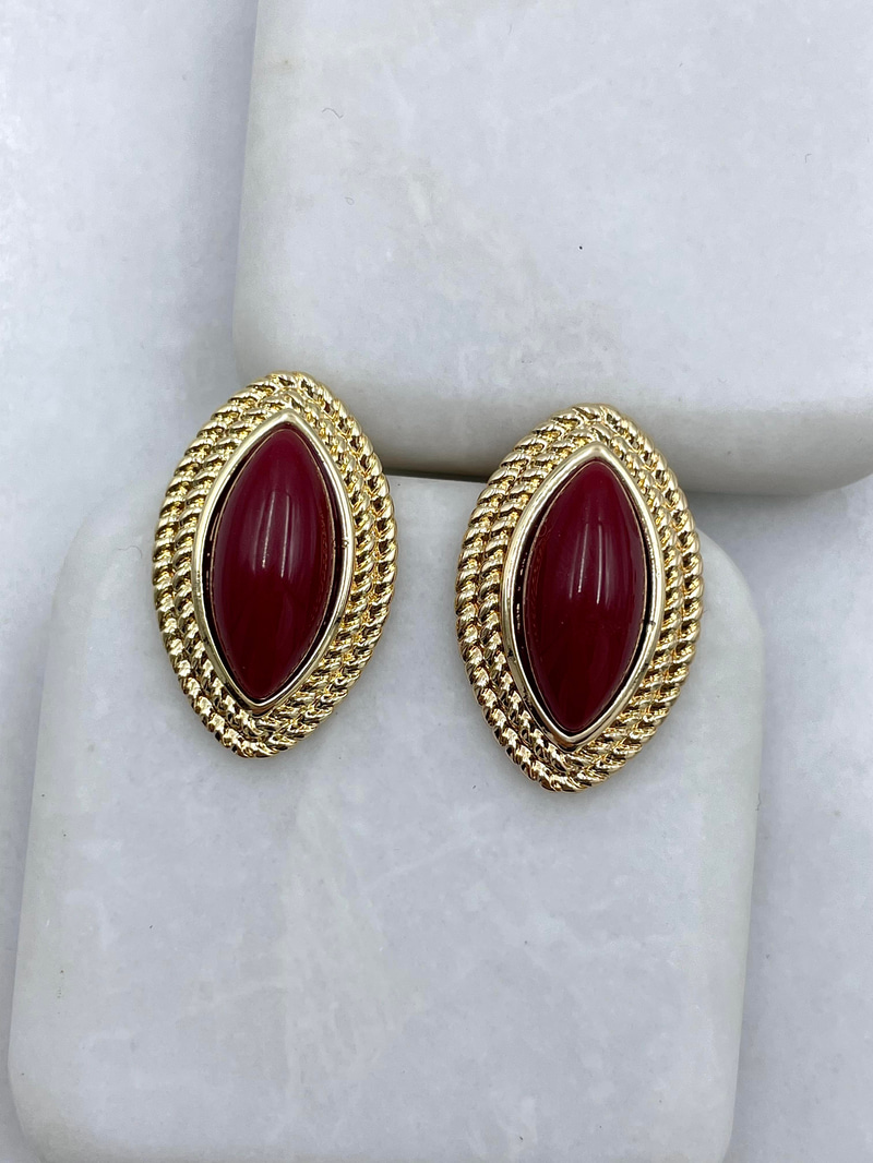 Altın Kaplama Çift Sıra Gold Burgu Detaylı Küçük Vintage Küpe Bordo