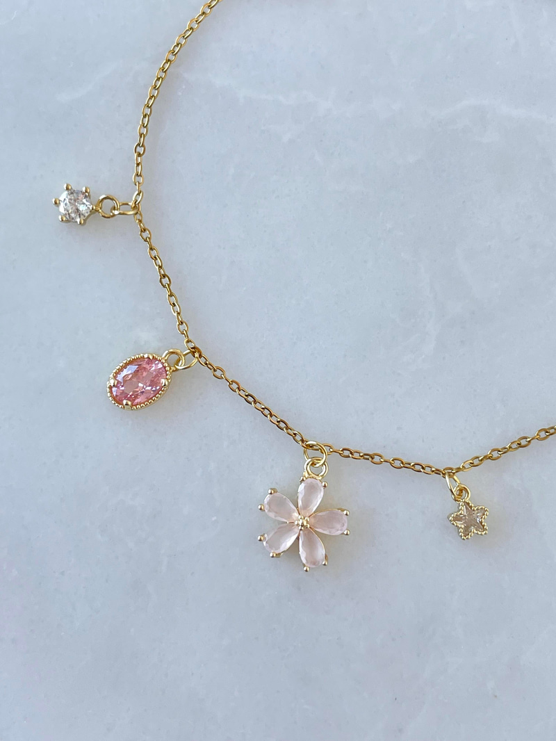 Çelik Pembe Kristal Taşlı Çiçek Bileklik Gold