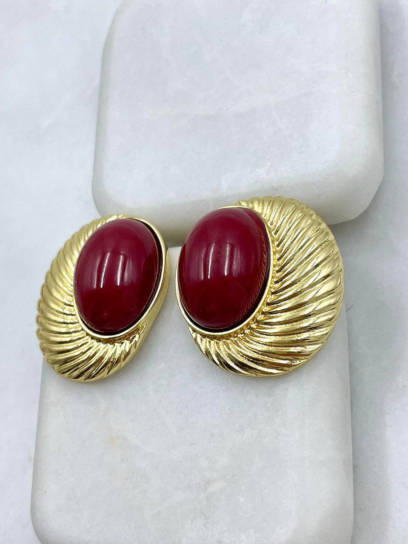 Altın Kaplama OVal Taşlı Burgu Vintage Küpe Bordo