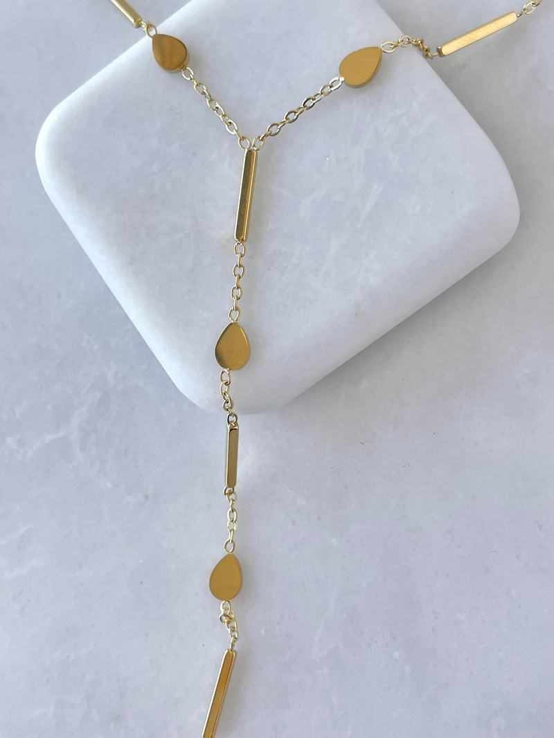 Çelik Damla ve Sütun Plakalı Y Model Kolye Gold